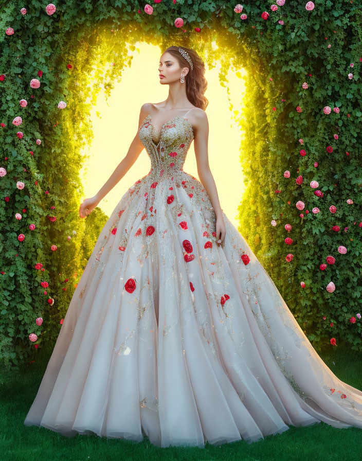 Woman in elaborate floral gown under greenery archway exudes elegance