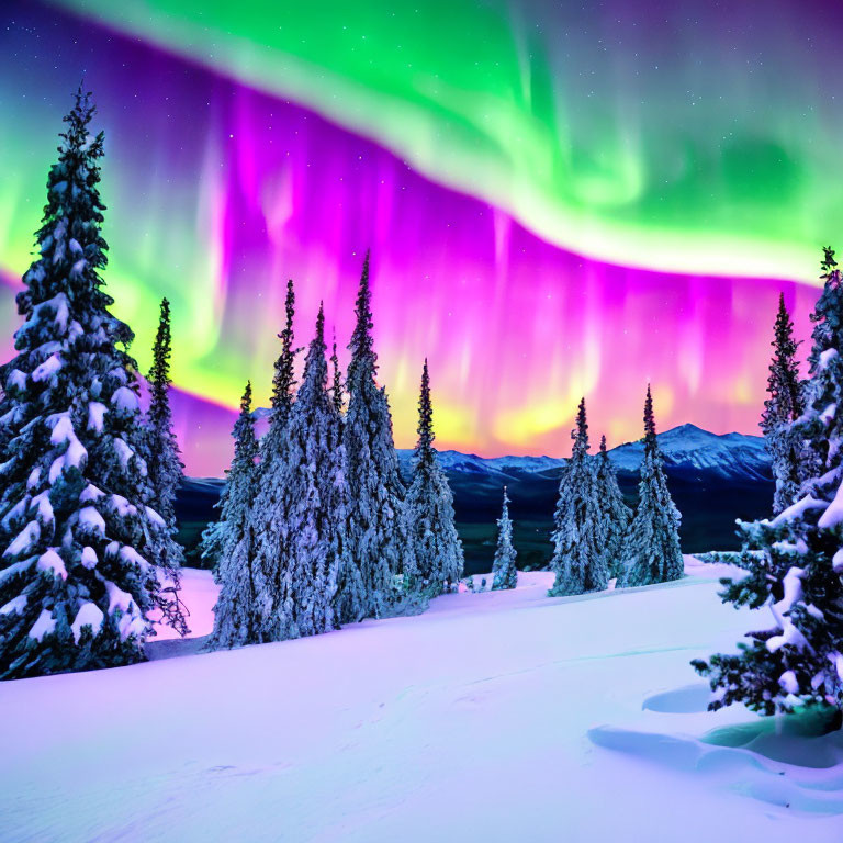 Starry night sky with vibrant aurora borealis over snowy forest