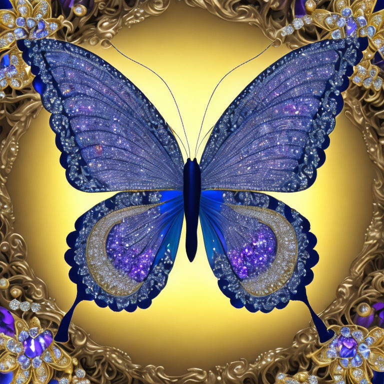 Digital ornate blue butterfly on golden floral background