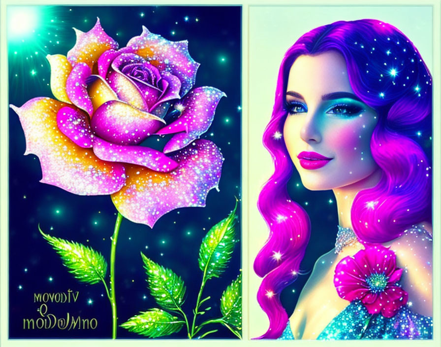 Digital artwork: Glittering rose & woman with pink hair and starry skin