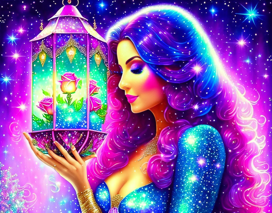 Colorful Woman Holding Lantern with Glowing Rose in Starry Background