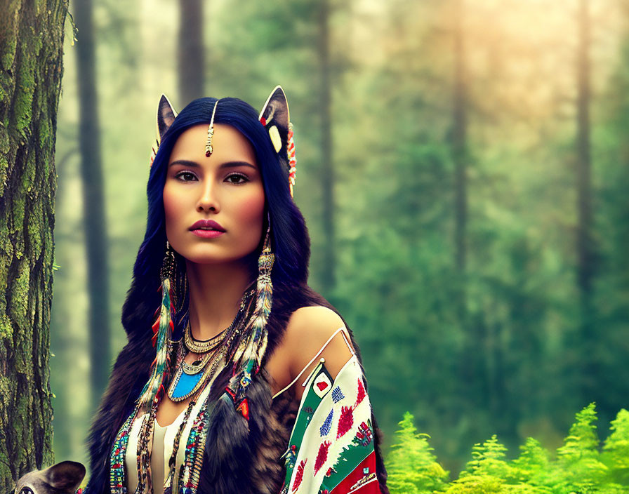 Native American woman in traditional headdress among forest with ornate accessories