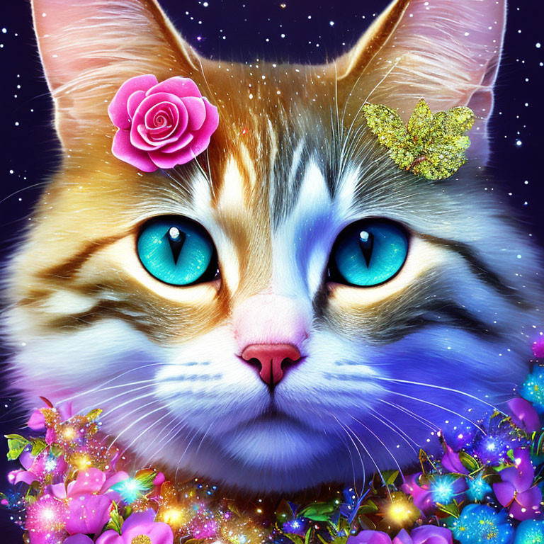 Fantastical cat digital illustration with blue eyes, pink rose, golden butterfly, celestial background, and