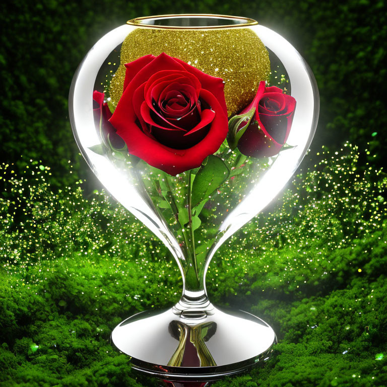 Glass bell jar with illuminated red roses and gold sphere on green background