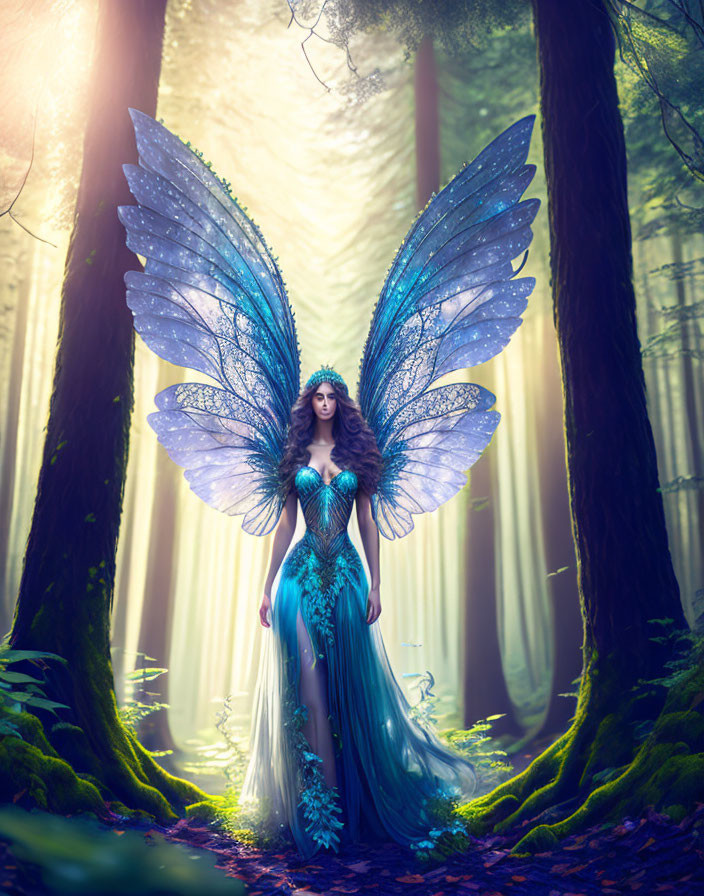 Fantastical figure with iridescent wings in sunlit forest wearing blue and green gown