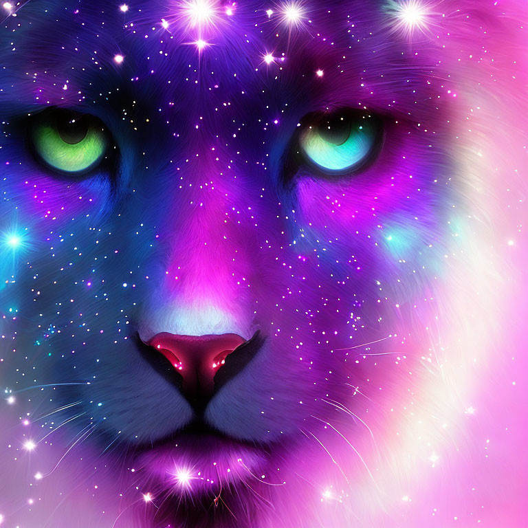 Colorful Digital Artwork: Cat's Face in Galaxy Background