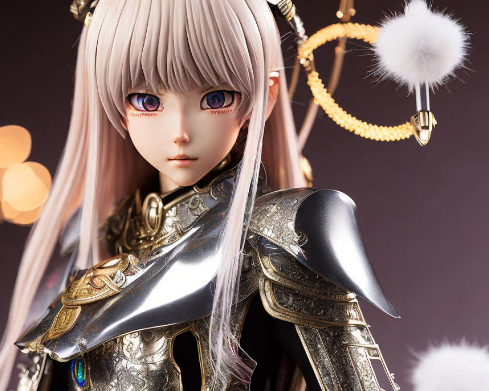 Anime-style figure: Pink-eyed, white-haired, in gold and silver armor with halo