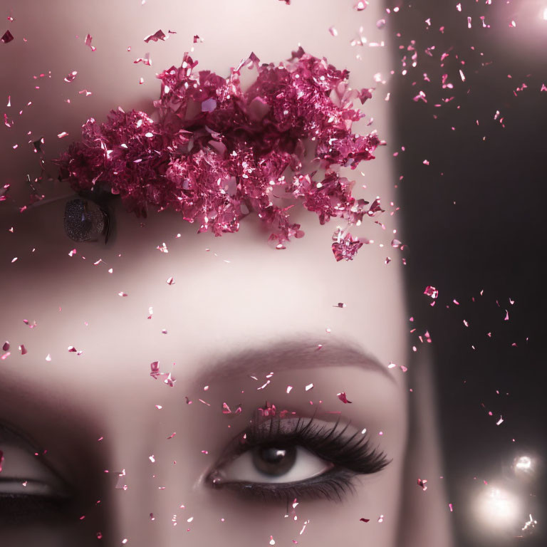 Woman with pink sparkling fragments and floral adornment, close-up eye makeup detail