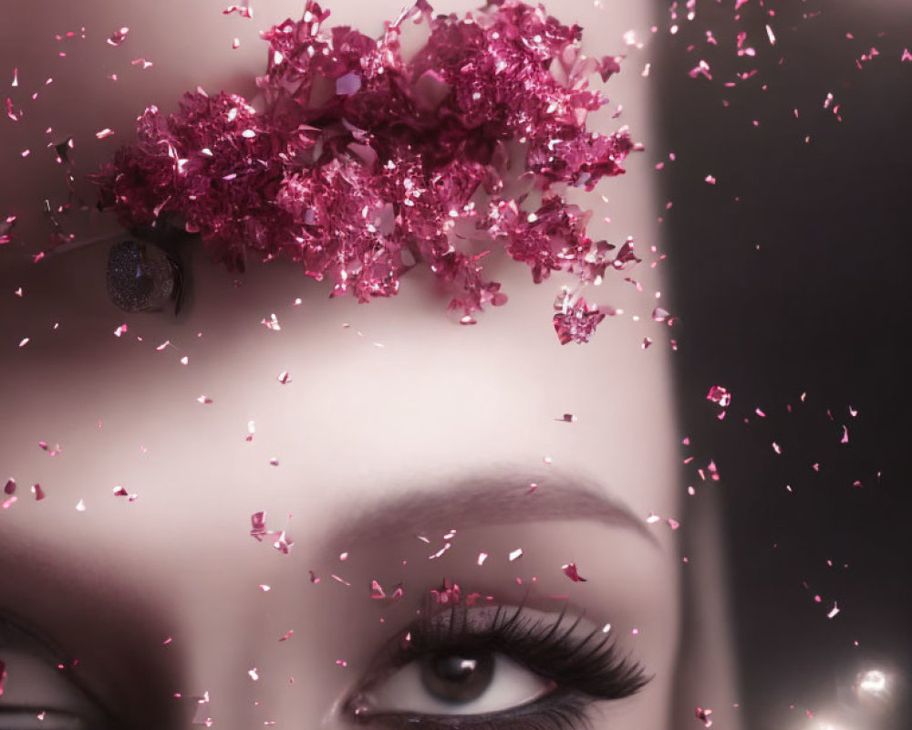 Woman with pink sparkling fragments and floral adornment, close-up eye makeup detail