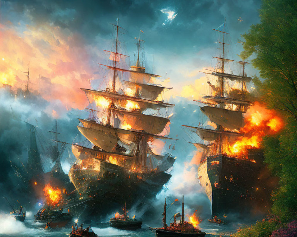 Naval battle between sailing ships in fiery sky