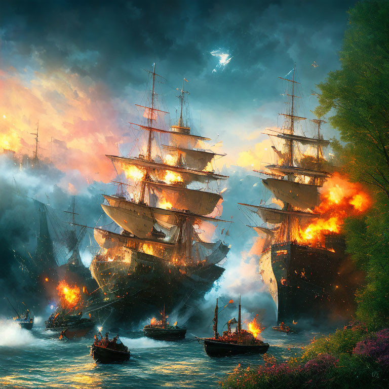 Naval battle between sailing ships in fiery sky