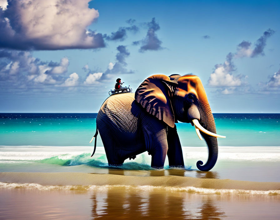 Elephant and small person walking on shoreline with crystal-clear blue waters