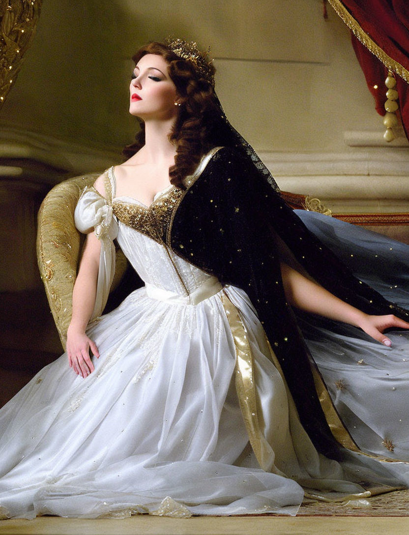 Woman in White and Gold Gown with Black Cape Poses Dramatically