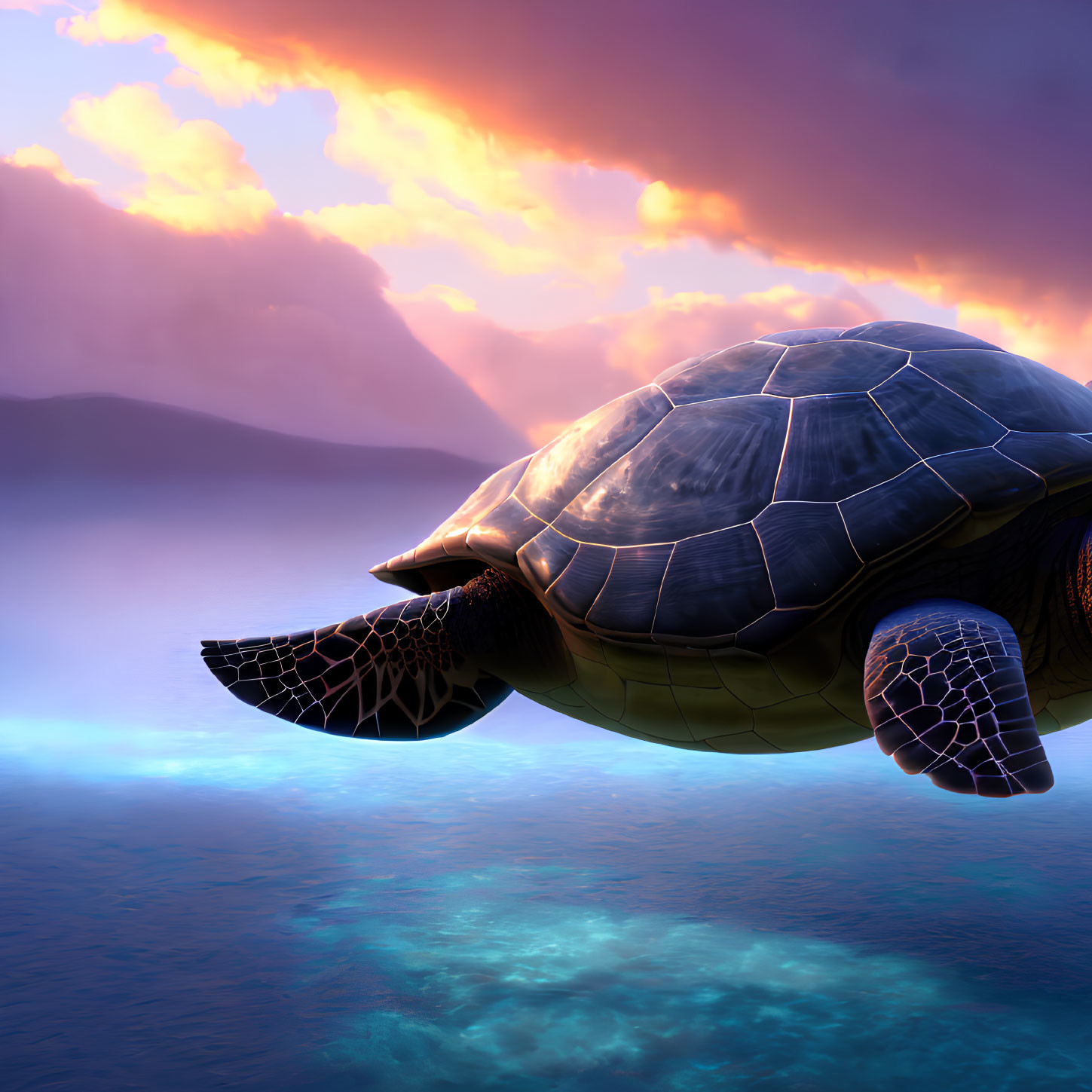 Majestic sea turtle swimming at sunset in vivid ocean scene