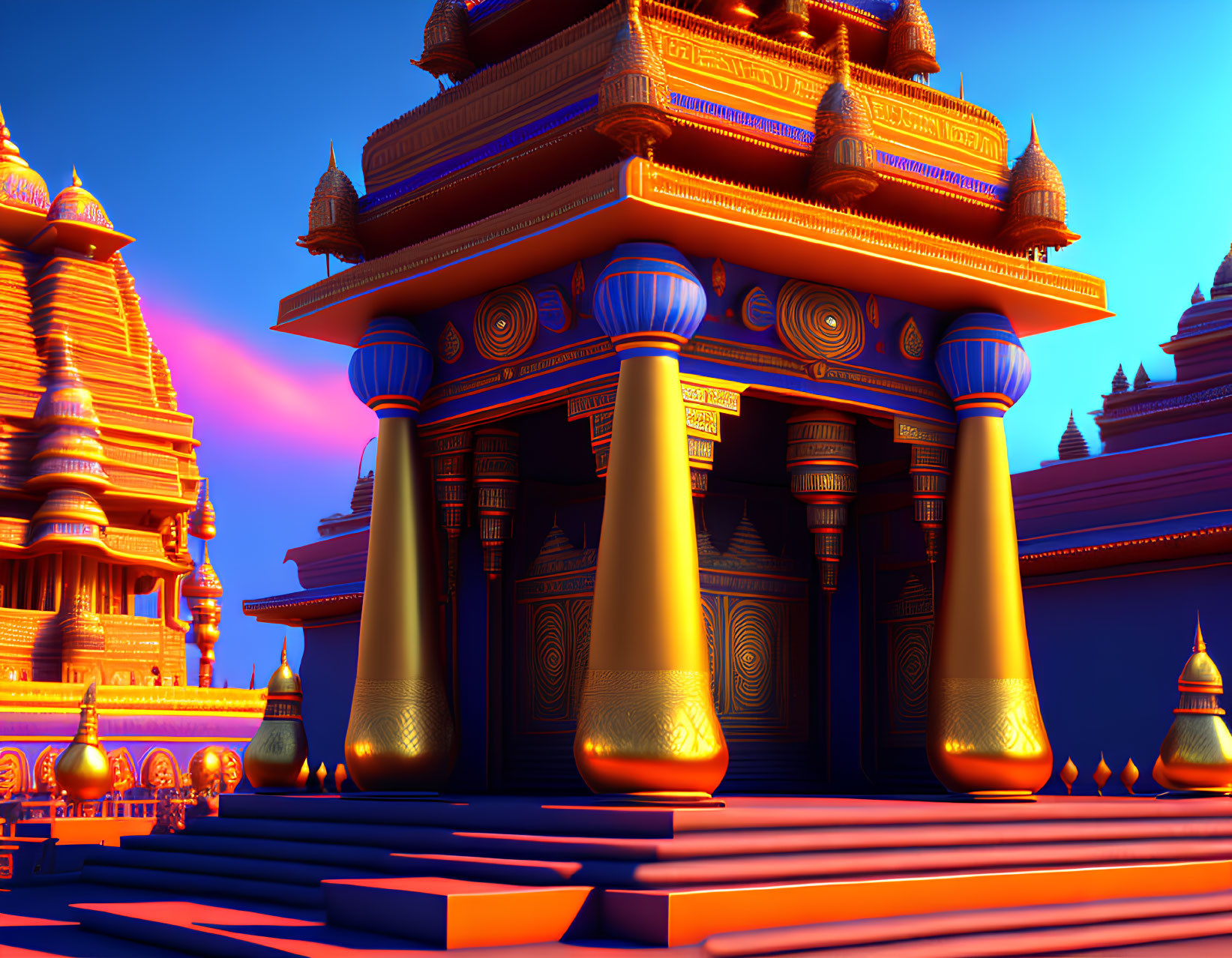 Majestic temple with golden details under sunset sky