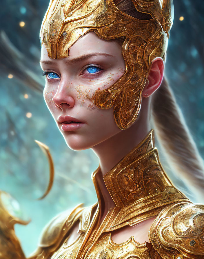 Portrait of young woman in golden armor with blue eyes