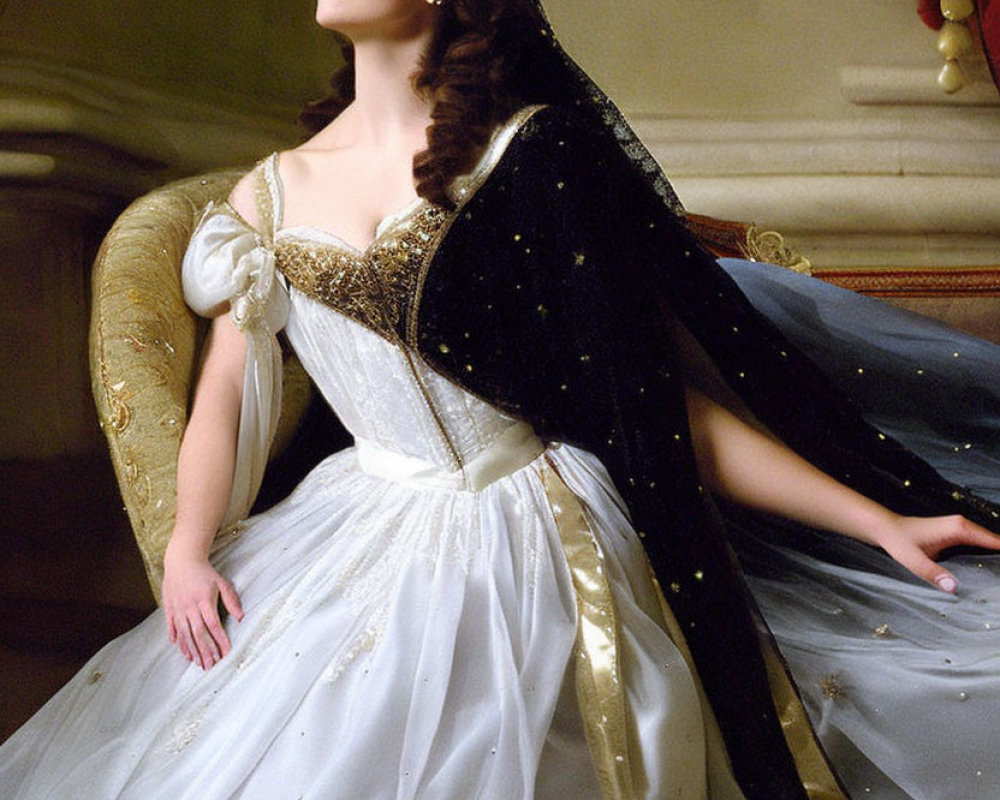 Woman in White and Gold Gown with Black Cape Poses Dramatically