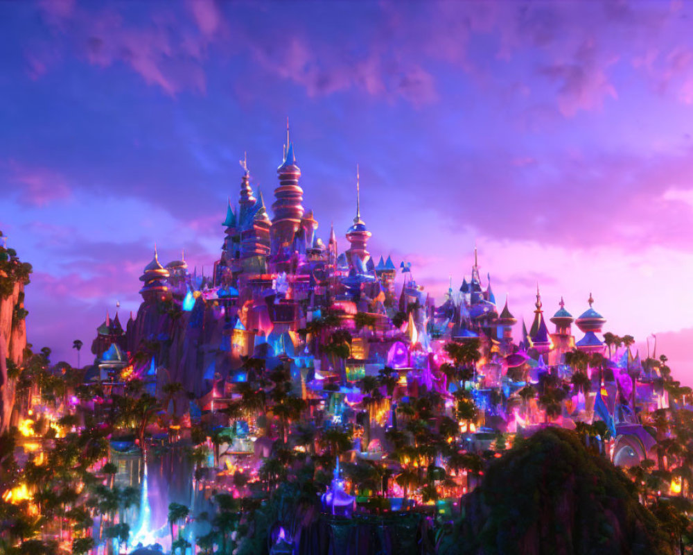 Enchanting castle with purple and pink spires at dusk