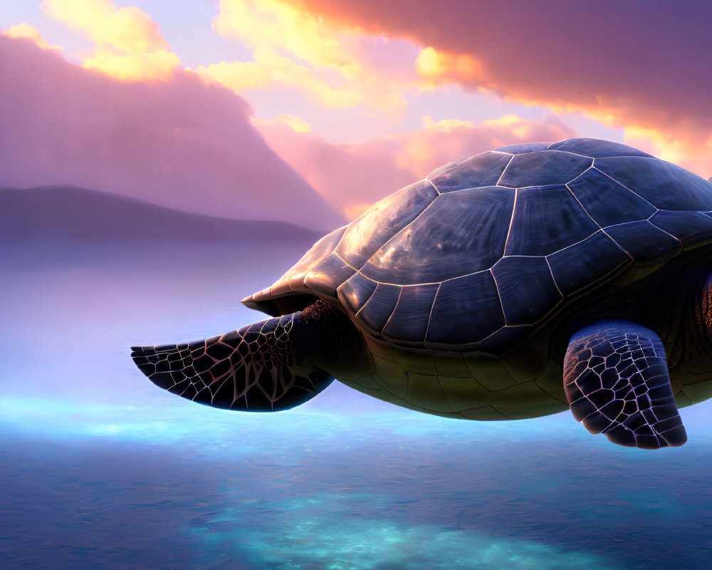 Majestic sea turtle swimming at sunset in vivid ocean scene