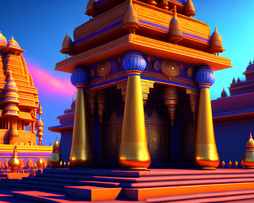 Majestic temple with golden details under sunset sky