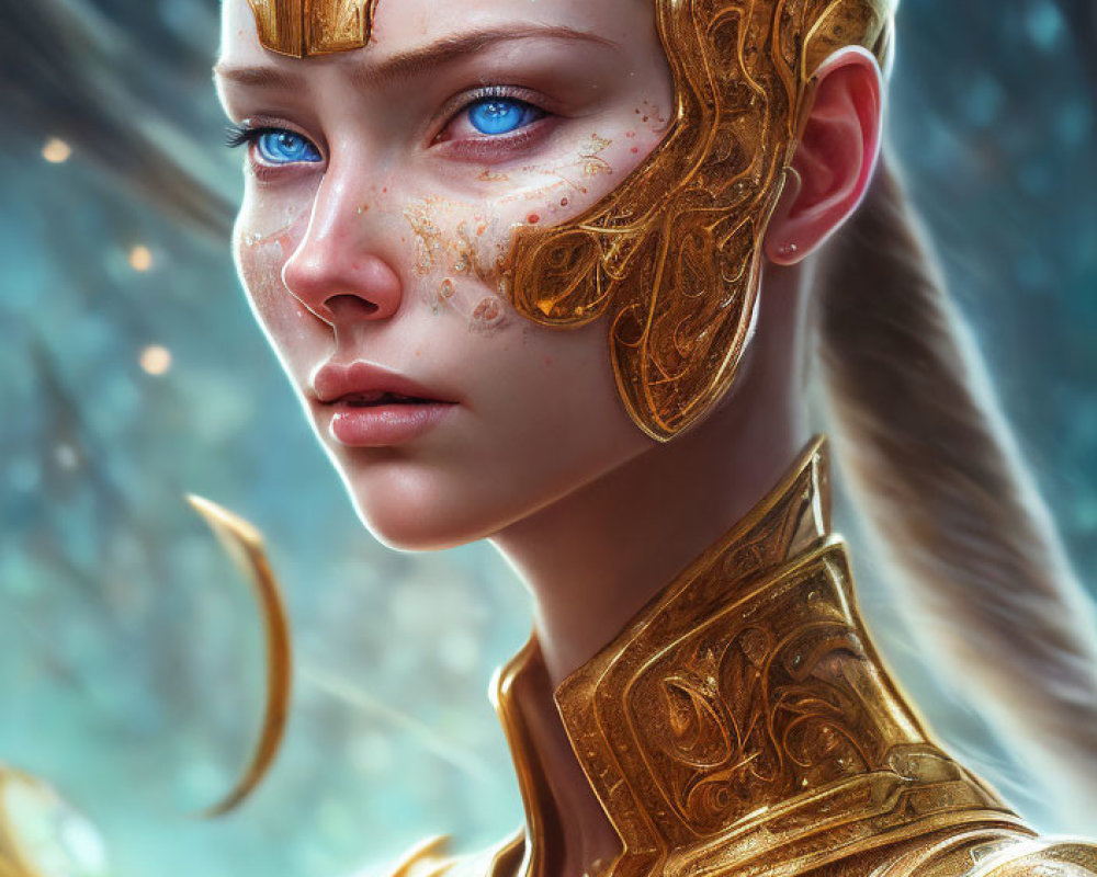 Portrait of young woman in golden armor with blue eyes