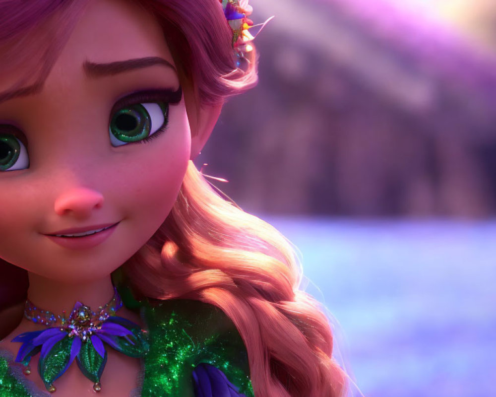 3D animated character with auburn hair, green eyes, green dress, and tiara