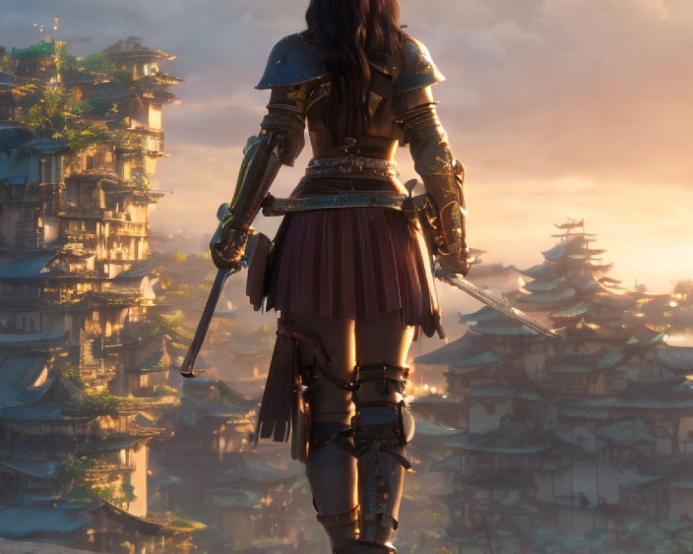 Female warrior in Asian armor gazes over ancient city at sunset