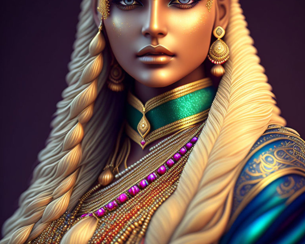 Digital artwork featuring woman in traditional attire with gold jewelry & vibrant blue patterns