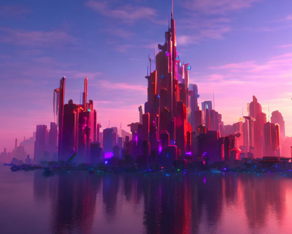 Futuristic city skyline with towering skyscrapers in purple and pink hues at sunrise or sunset