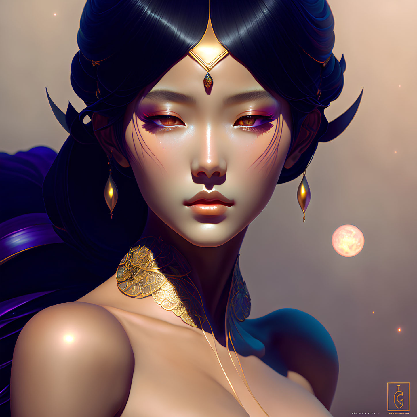 Fantasy female character portrait with dark hair and third eye