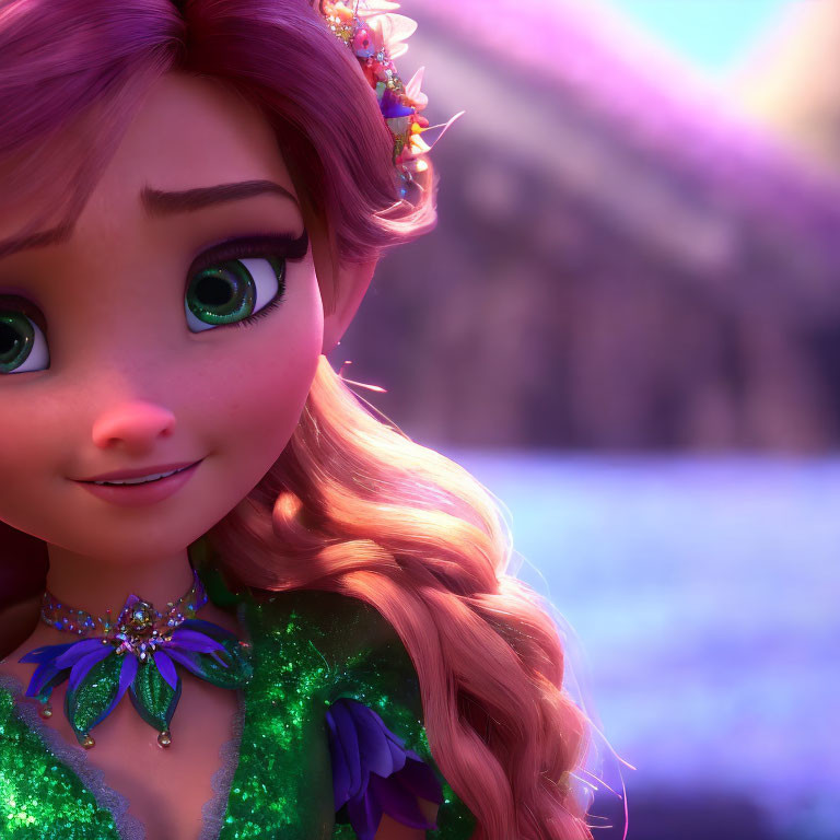 3D animated character with auburn hair, green eyes, green dress, and tiara