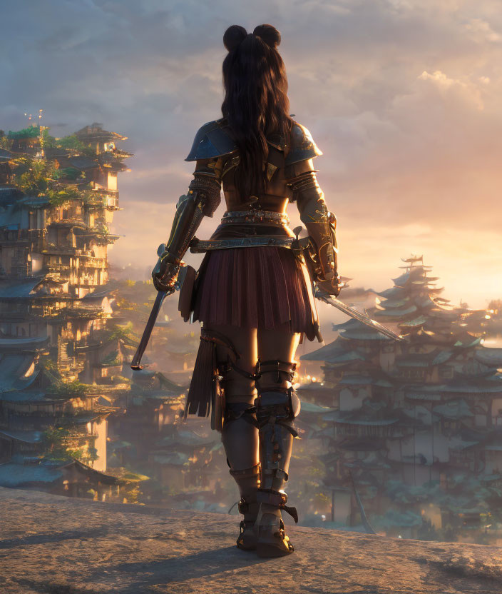 Female warrior in Asian armor gazes over ancient city at sunset