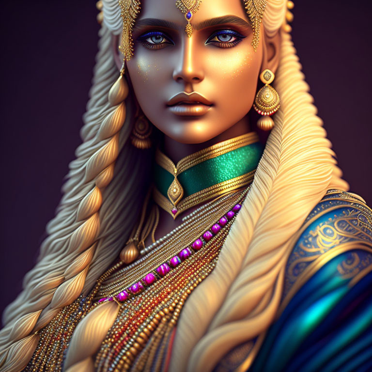 Digital artwork featuring woman in traditional attire with gold jewelry & vibrant blue patterns