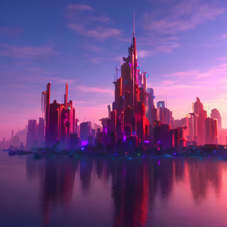 Futuristic city skyline with towering skyscrapers in purple and pink hues at sunrise or sunset