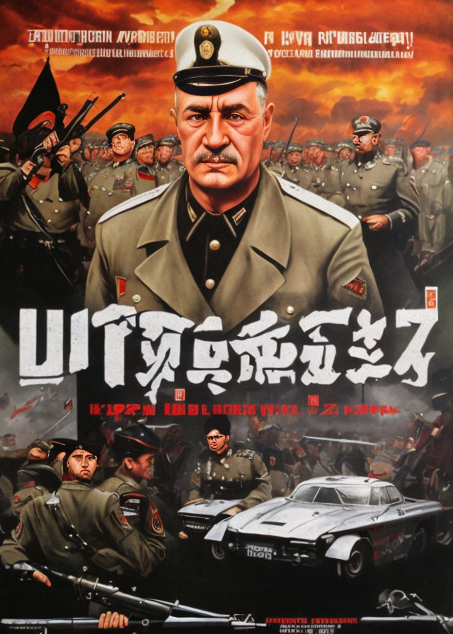 Military-themed movie poster with officer, soldiers, tank, helicopter, and black car on red backdrop