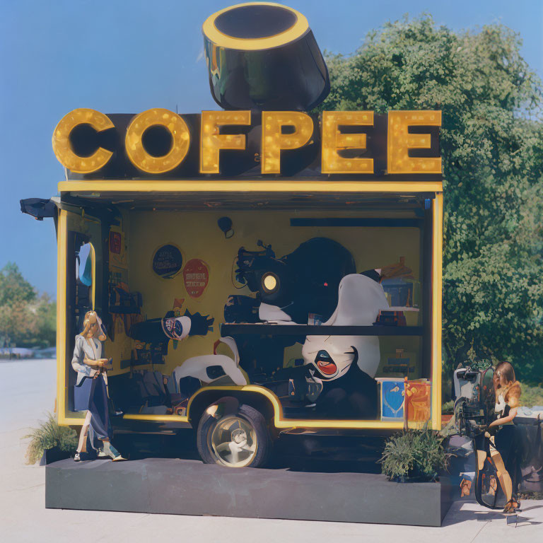 Quirky Coffee Kiosk with Giant Cup Serving Outdoors