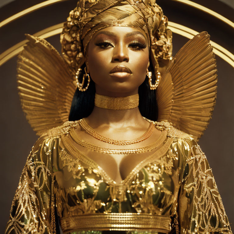 Regal figure in ornate gold attire and headpiece on warm-toned backdrop