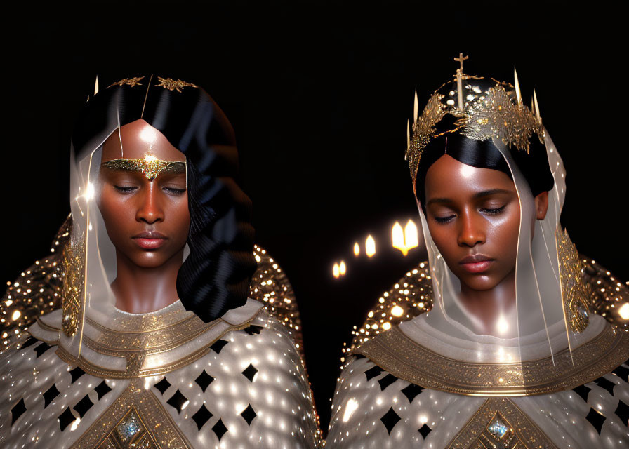 Regal figures in golden crowns and veils on dark backdrop