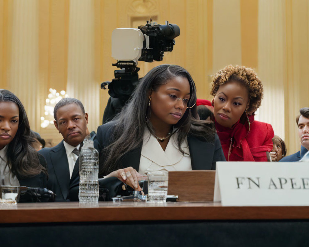 Group of individuals at formal meeting with "FN APLE" placard