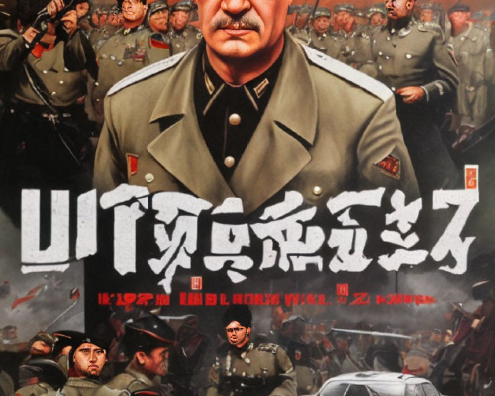 Military-themed movie poster with officer, soldiers, tank, helicopter, and black car on red backdrop