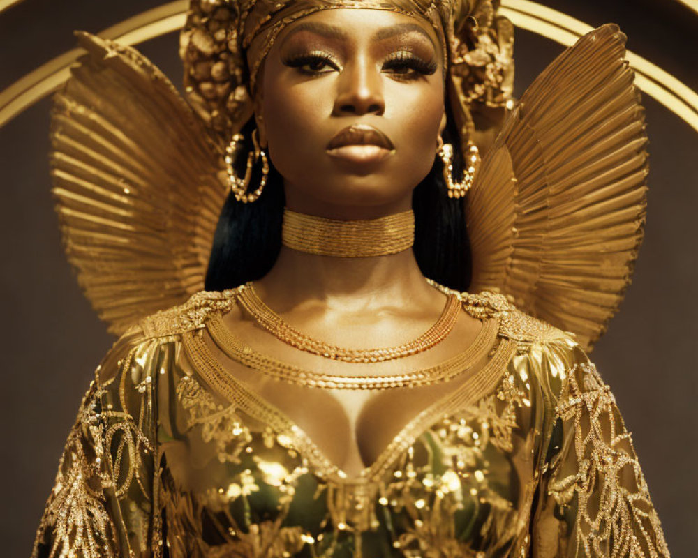 Regal figure in ornate gold attire and headpiece on warm-toned backdrop