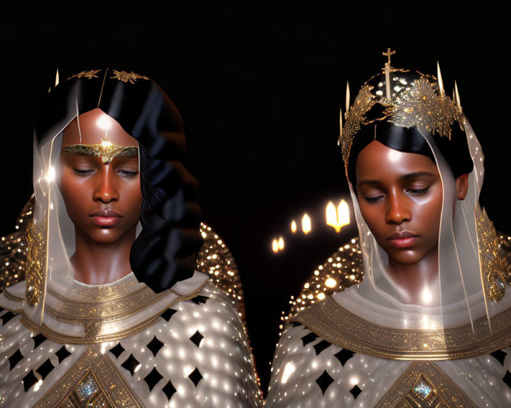 Regal figures in golden crowns and veils on dark backdrop