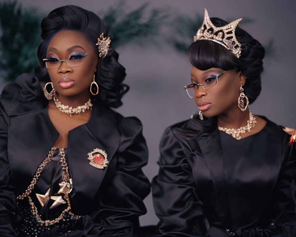 Two women in elegant black dresses with gold accessories posing confidently