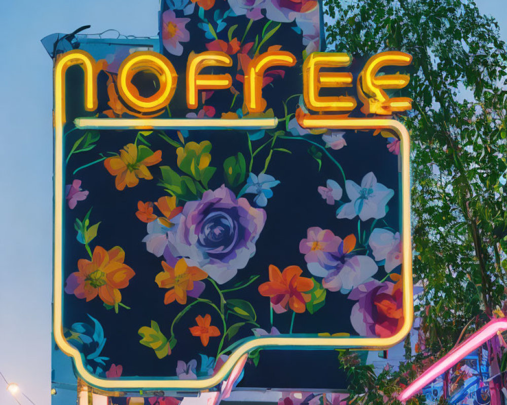 Neon sign with floral patterns, "COFFEE" partially lit as "NOFFEE