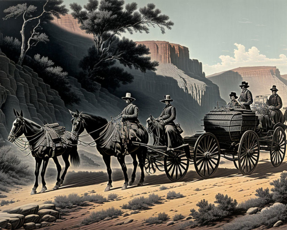 Vintage Illustration of Horse-Drawn Stagecoach in Canyon Landscape