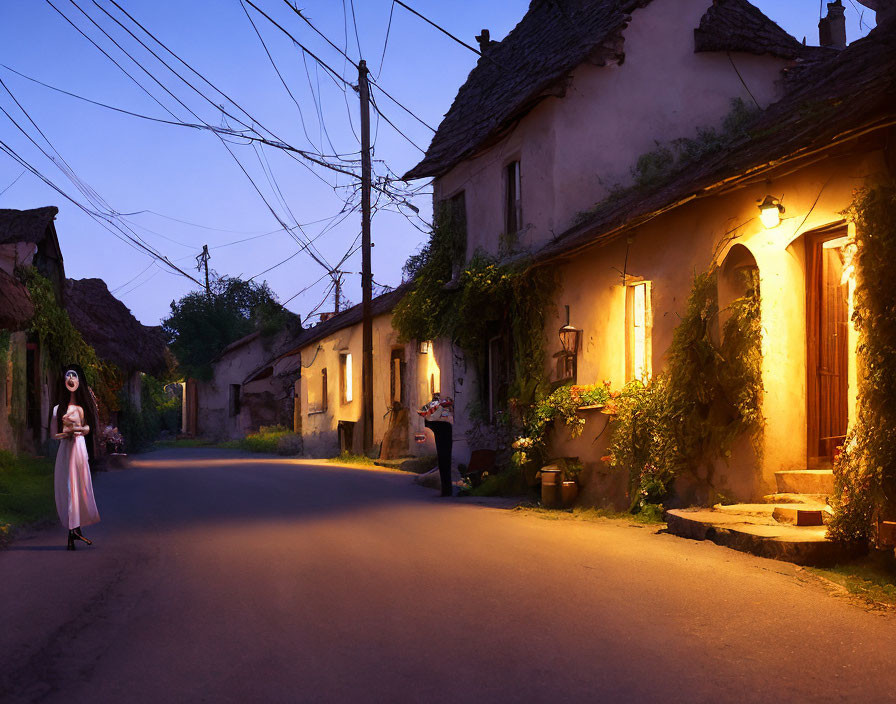 Peaceful village street at evening with warm glowing lights and person walking.