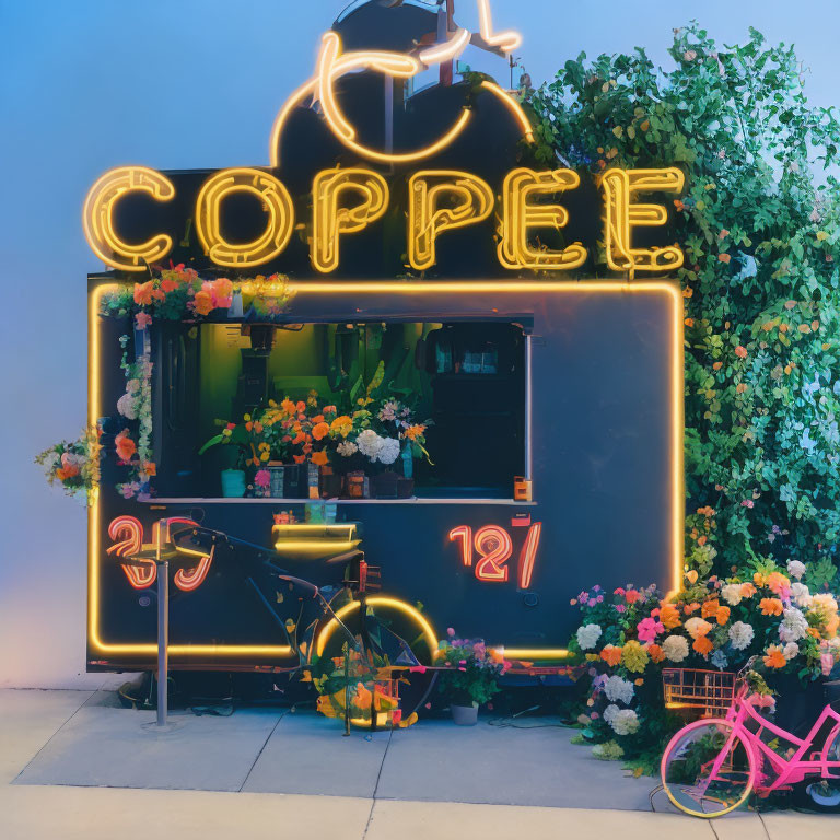 Neon-adorned coffee kiosk with flowers and bicycle in twilight