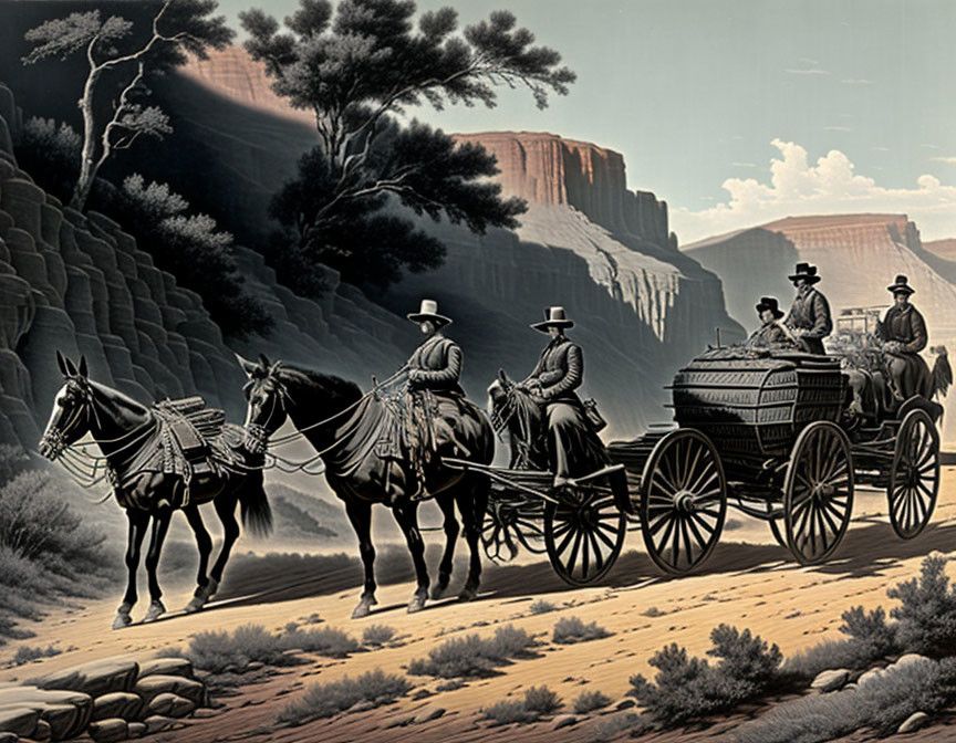 Vintage Illustration of Horse-Drawn Stagecoach in Canyon Landscape