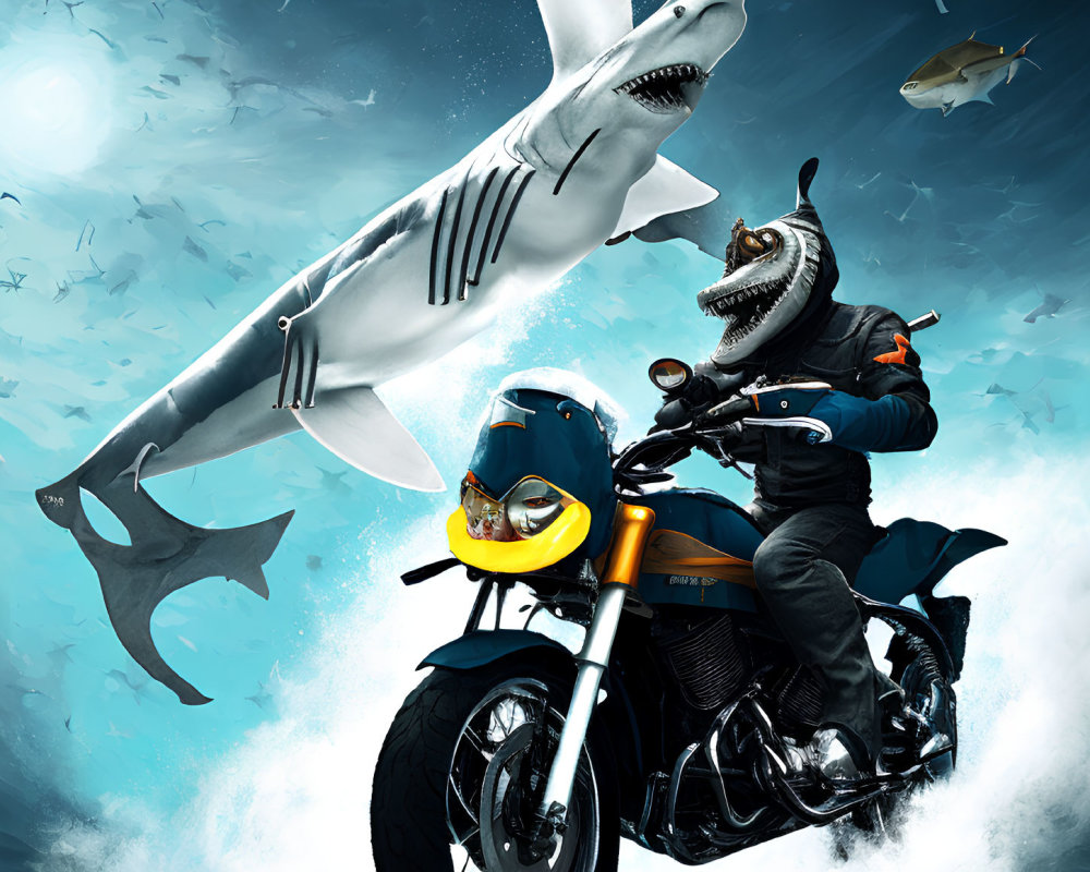 Shark-Headed Motorcyclist Rides Underwater with Sharks