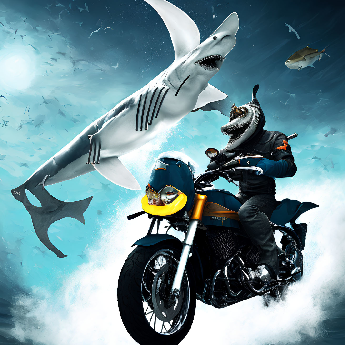 Shark-Headed Motorcyclist Rides Underwater with Sharks